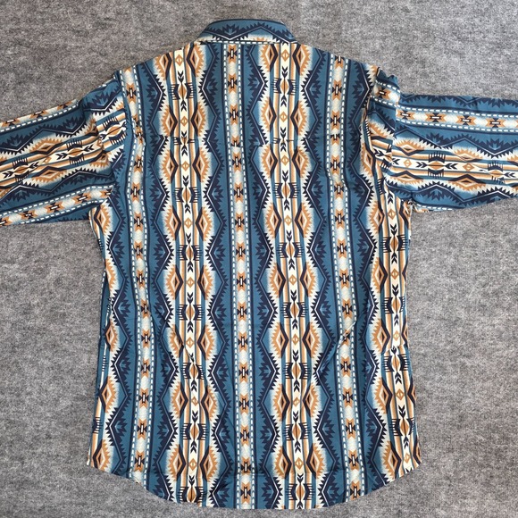 NWT Wrangler Checotah Western Shirt Medium Blue Tan Aztec Southwest Pearl Snap - Picture 5 of 15